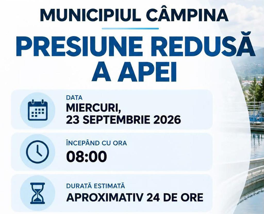 De miercuri dimineață, timp de 24 ore, Câmpina va avea presiune scăzută la apă