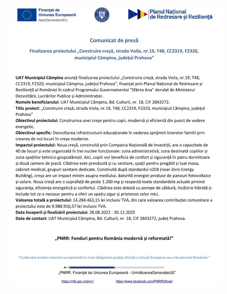 Comunicat de presă. Finalizarea proiectului privind construirea creșei din cartierul Voila, municipiul Câmpina