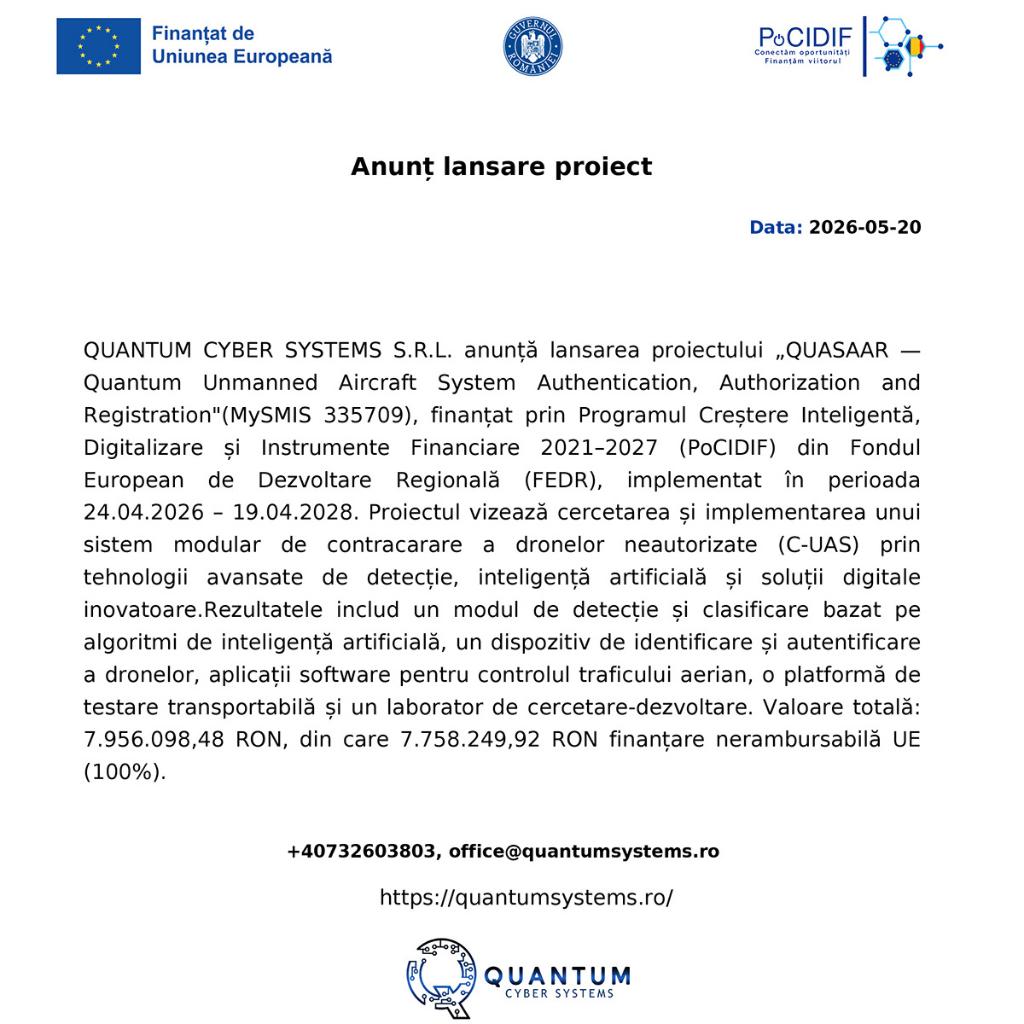 Anunț privind lansarea proiectului „QUASAAR - Quantum Unmanned Aircraft System Authentication, Authorization and Registration