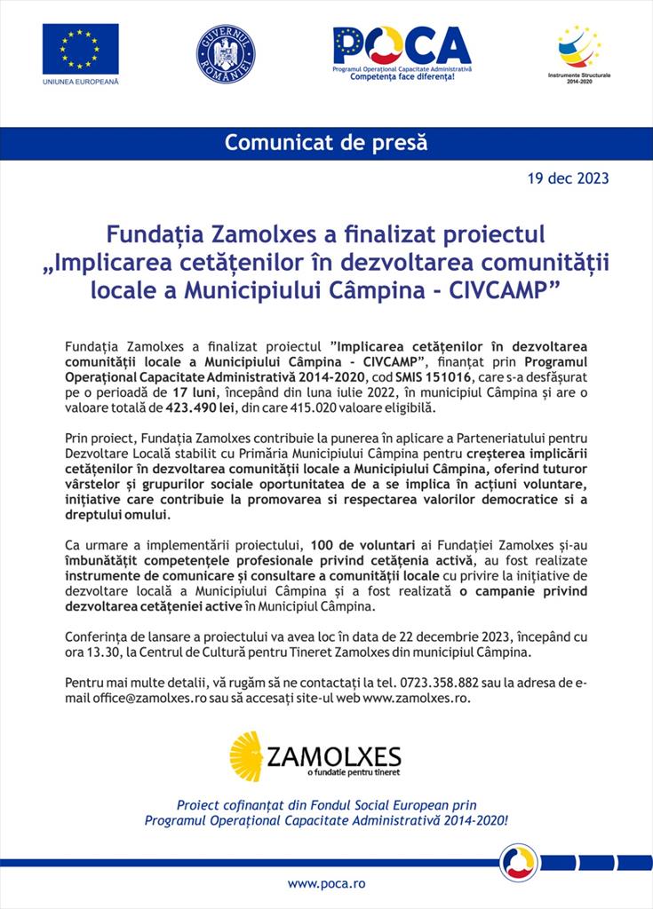 Fundația Zamolxes a finalizat proiectul ”Implicarea cetățenilor în dezvoltarea comunității locale a Municipiului Câmpina - CIVCAMP”