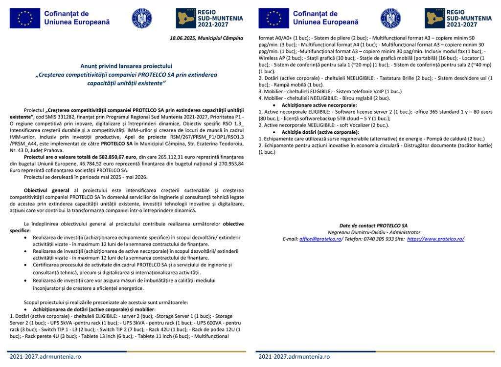 Anunț privind lansarea proiectului „Creșterea competitivității companiei PROTELCO SA prin extinderea capacității unității existente”