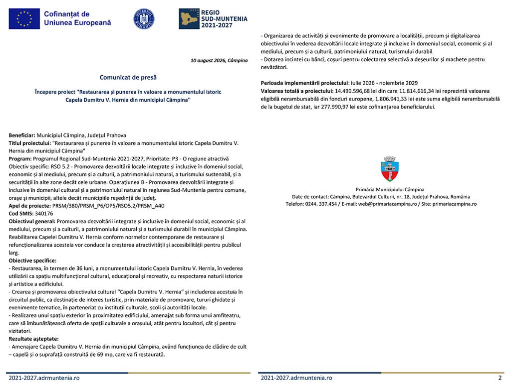 Comunicat de presă - Începere proiect 