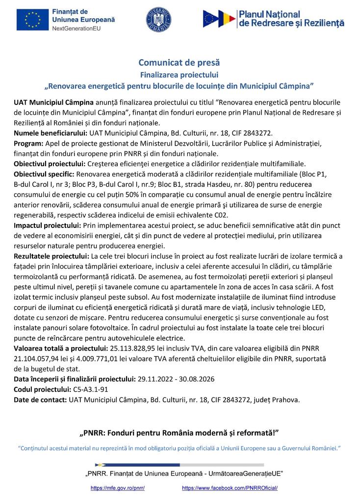 Comunicat de presă - Finalizarea proiectului „Renovarea energetică pentru blocurile de locuințe din Municipiul Câmpina”