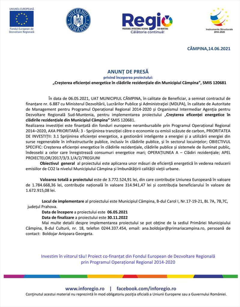 Primăria Câmpina anunță începerea proiectului „Creșterea eficienței energetice în clădirile rezidențiale din Municipiul Câmpina”, SMIS 120681