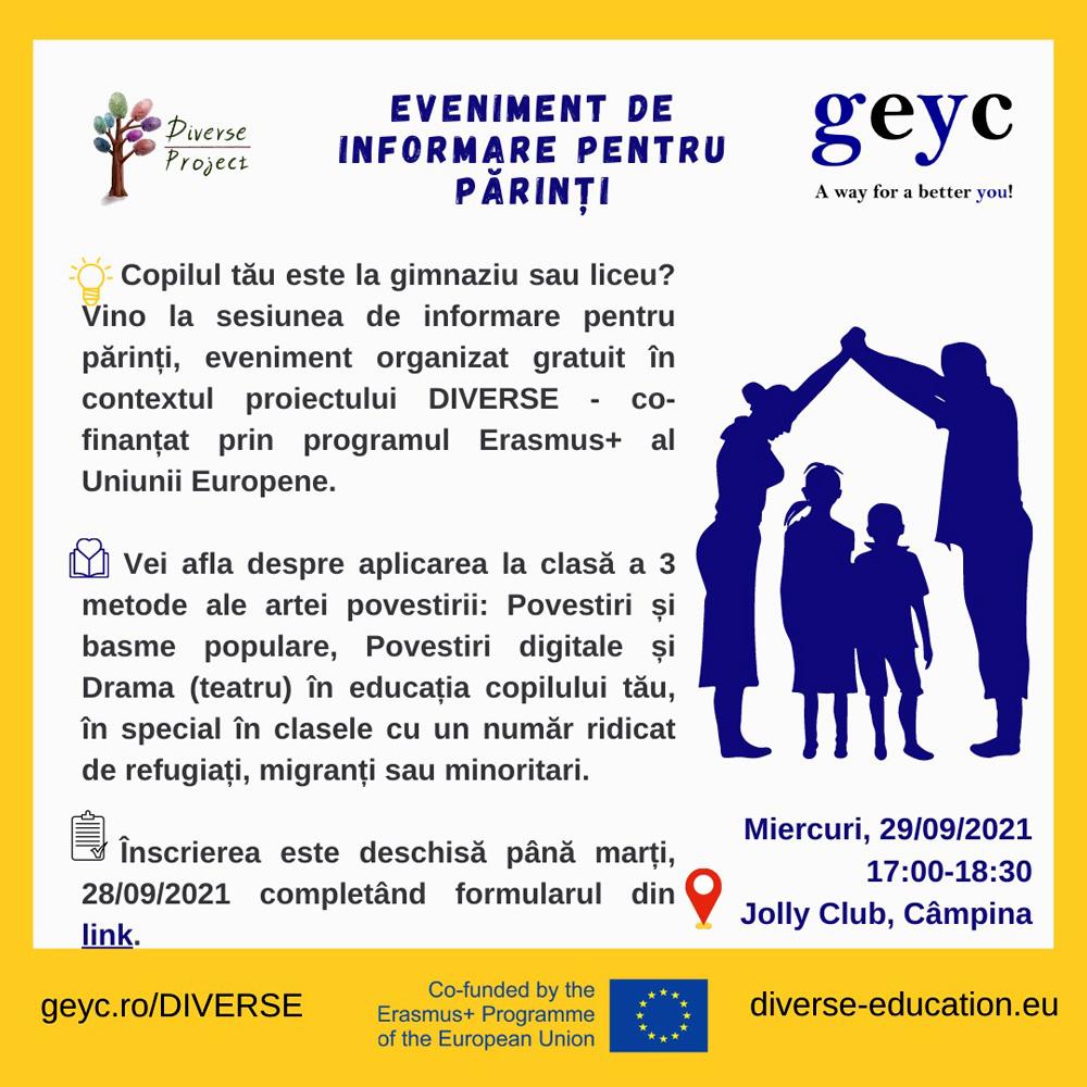 Sesiune de informare pentru părinți, la Câmpina, în cadrul unui proiect al Asociației GEYC, finanțat din fonduri europene