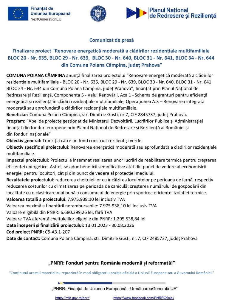 Comunicat de presă - Finalizare proiect “Renovare energetică moderată a clădirilor rezidențiale multifamiliale BLOC 20 - Nr. 635, BLOC 29 - Nr. 639,  BLOC 30 - Nr. 640, BLOC 31 - Nr. 641, BLOC 34 - Nr. 644 din Comuna Poiana Câmpina, județ Prahova”