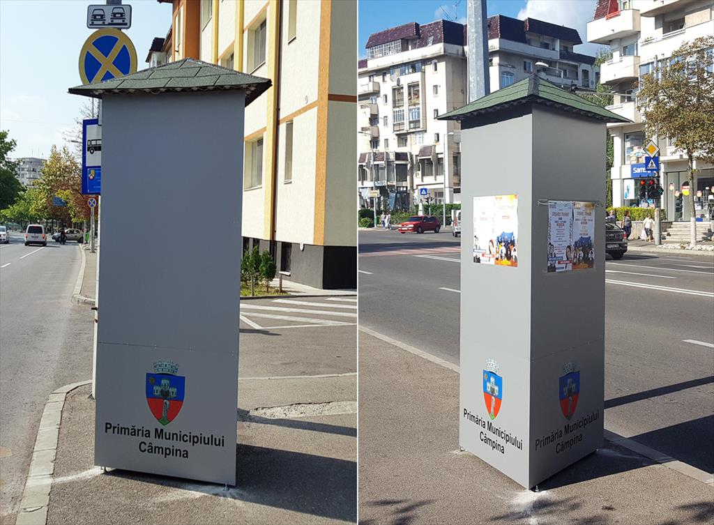 Opt prisme publicitare au fost amplasate în centrul Câmpinei pentru afișajul stradal