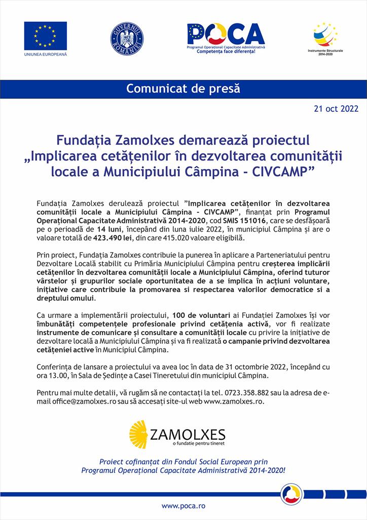 Fundația Zamolxes demarează proiectul „Implicarea cetățenilor în dezvoltarea comunității locale a Municipiului Câmpina - CIVCAMP”