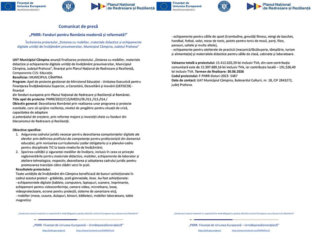 Comunicat de presă. Finalizarea proiectului „Dotarea cu mobilier, materiale didactice și echipamente digitale unități de învățământ preuniversitar, Municipiul Câmpina, Județul Prahova”