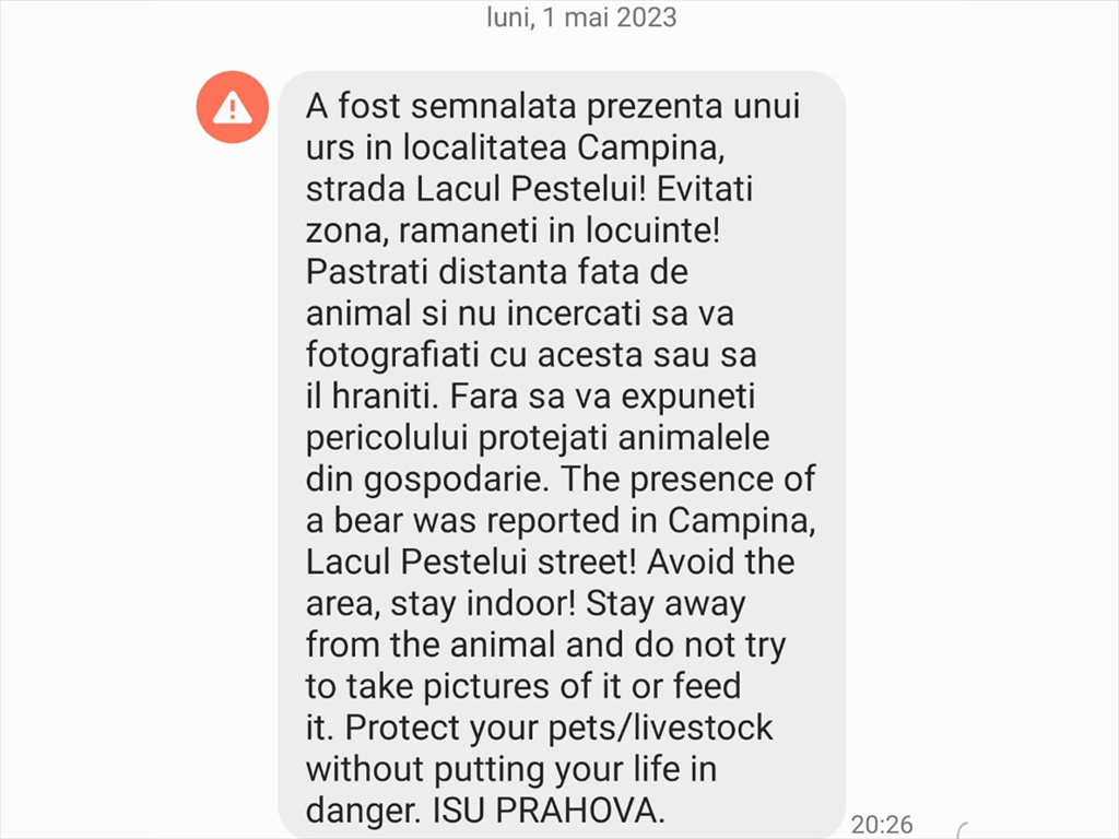 Mesaj RO-ALERT privind prezența unui urs pe Strada Lacul Peștelui din Câmpina
