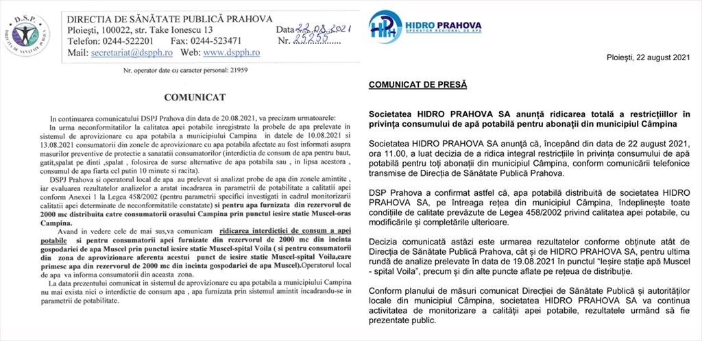 DSP Prahova și HidroPrahova anunță ridicarea totală a restricțiilor în privința consumului apei în Câmpina