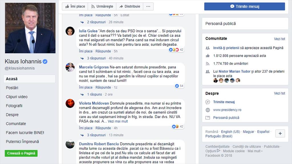 Președintele Klaus Iohannis, părăsit de fani, pe Facebook. 2.500 de oameni și-au retras like-urile în câteva ore