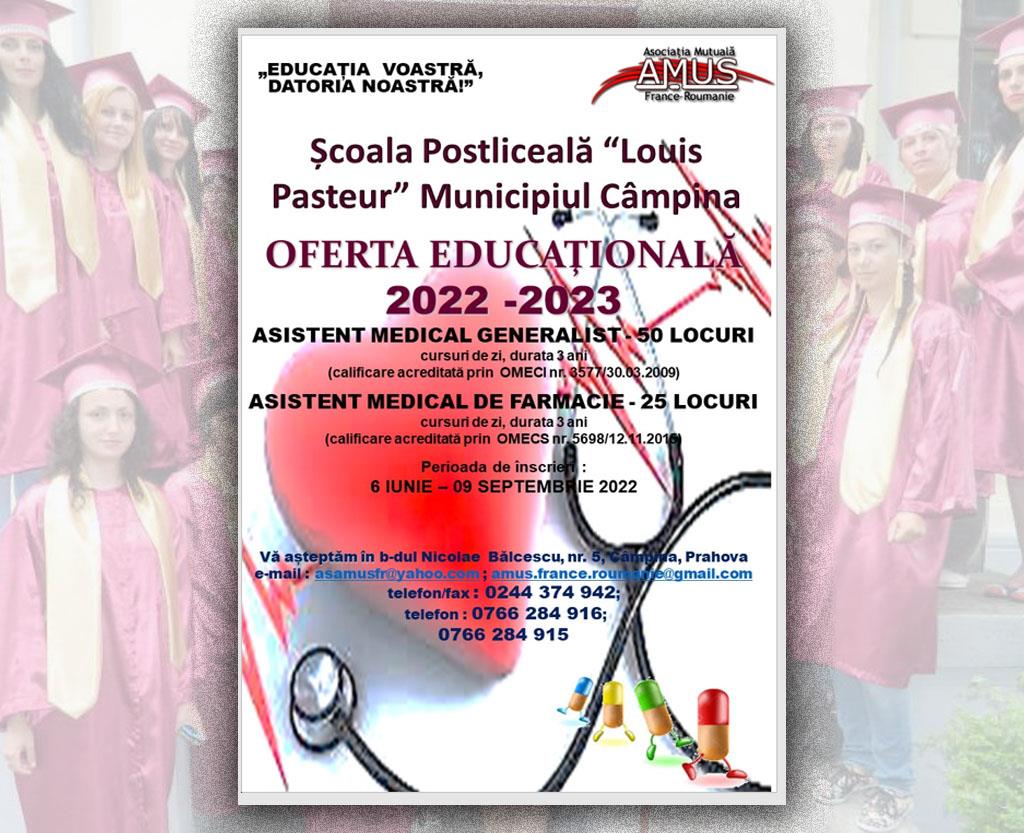Oferta educațională a Școlii Sanitare Postliceale ”Louis Pasteur” Câmpina pentru anul școlar 2022-2023