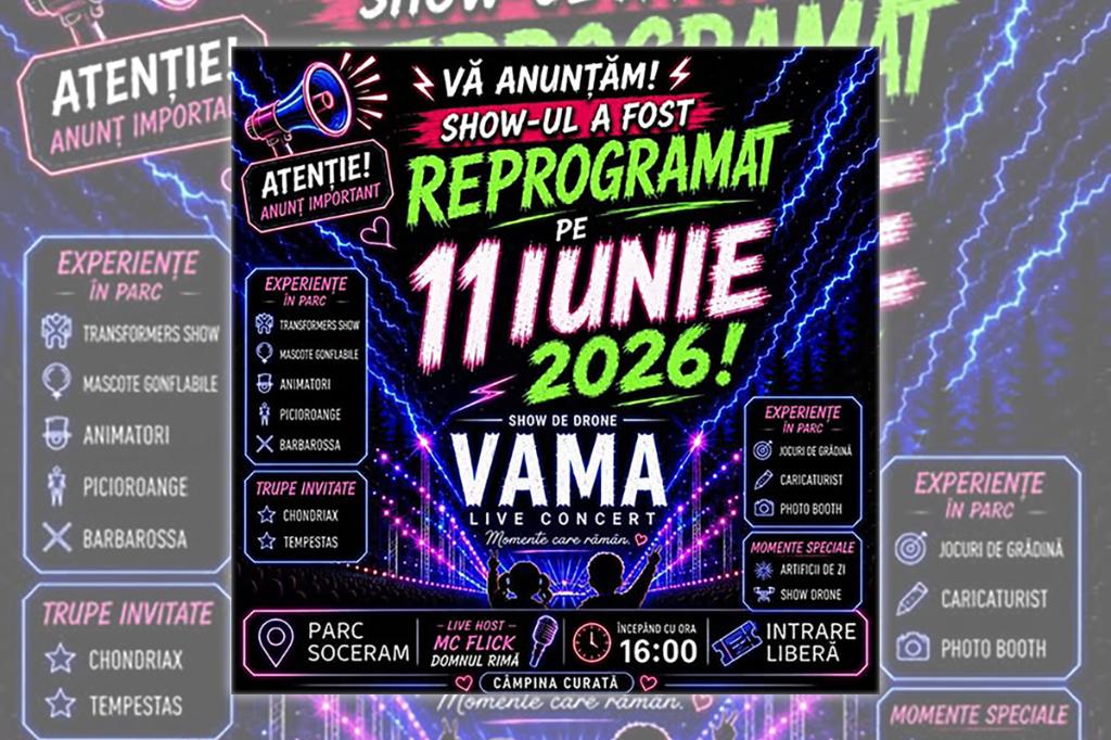11 iunie 2026 – Tudor Chirilă și Vama cântă în Parcul Soceram din Câmpina. La finalul concertului, show de drone