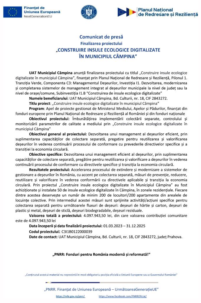 Comunicat de presă. Finalizarea proiectului „Construire insule ecologice digitalizate în municipiul Câmpina”