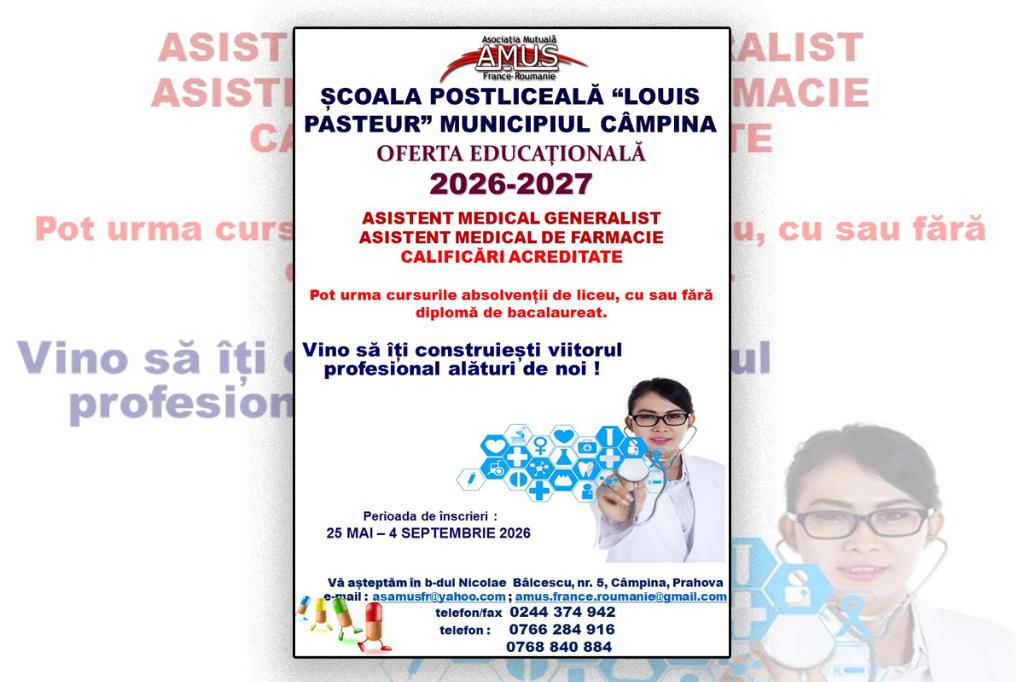 Au început înscrierile pentru anul 2026-2027 la Școala Postliceală „Louis Pasteur
