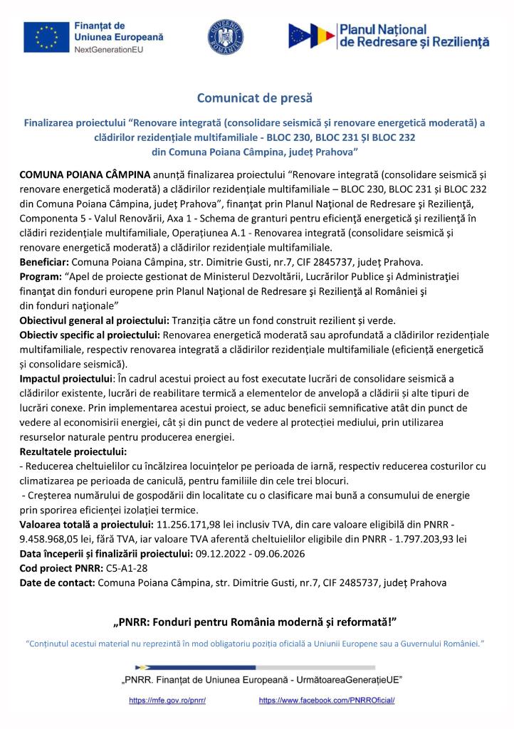 Comunicat de presă. Finalizarea proiectului “Renovare integrată a clădirilor rezidențiale multifamiliale - BLOC 230, BLOC 231 ȘI BLOC 232 din Comuna Poiana Câmpina, județ Prahova”