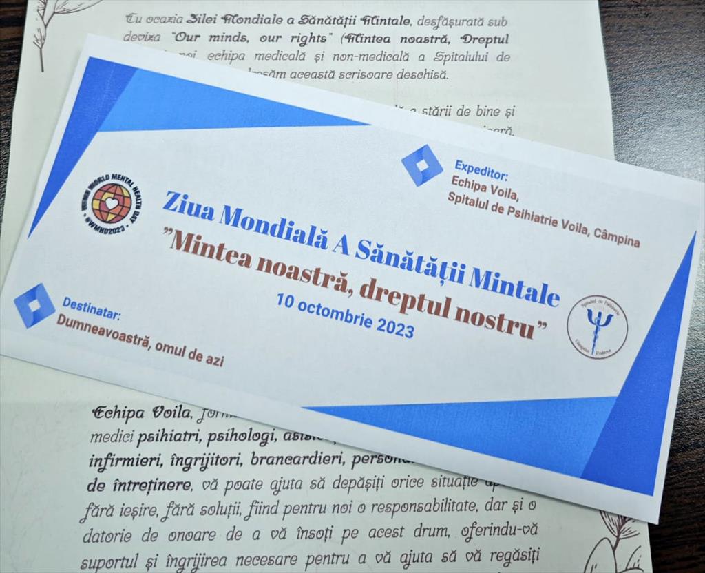 De Ziua Mondială a Sănătății Mintale, scrisoare deschisă a conducerii Spitalului de Psihiatrie Voila Câmpina