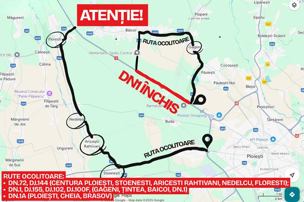 Rutele ocolitoare pentru perioada în care DN1 va fi închis între Câmpina și Ploiești