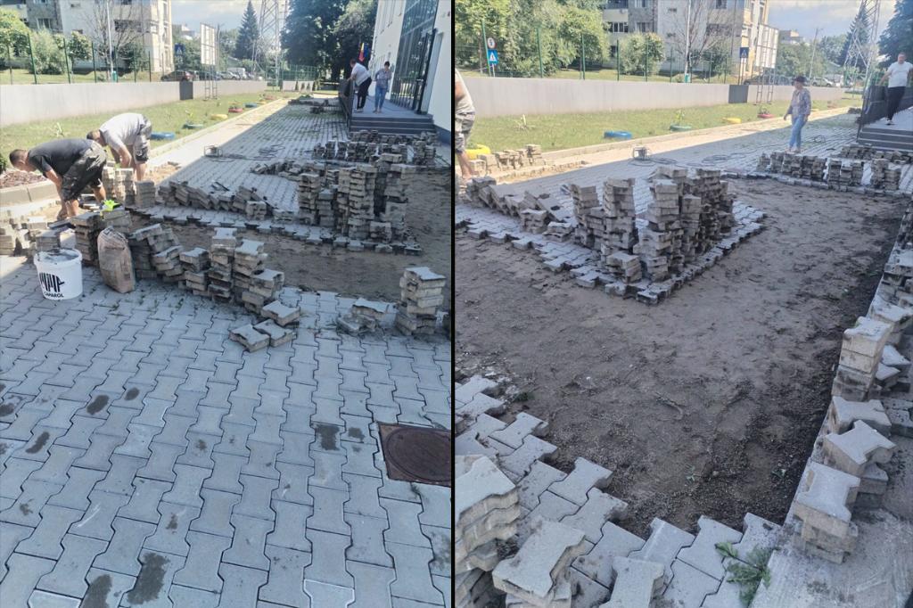 La grădinița din cartierul Uniunea Europeană se reface suprafața cu pavele. Lucrarea este încă în garanție