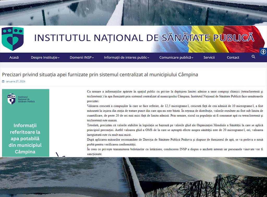 Institutul Național de Sănătate Publică se implică în scandalul apei de la Câmpina: anchetă internă privind transmiterea cu întârziere a buletinelor de analiză