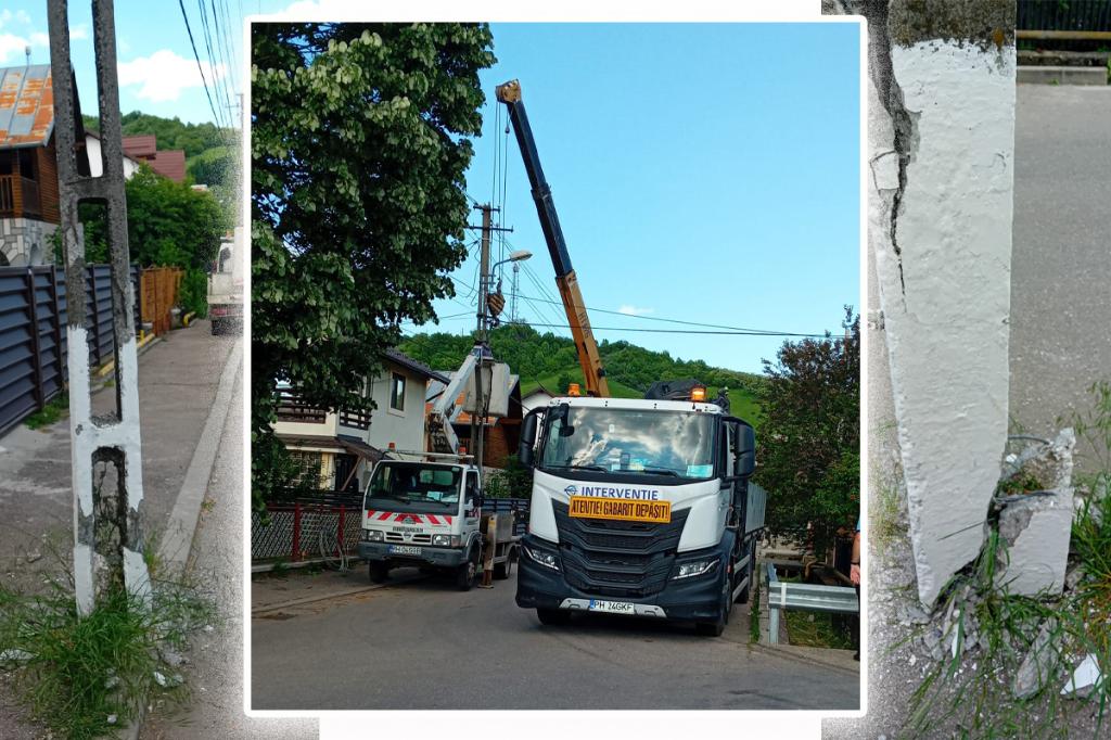 Avarie la rețeaua de electricitate pe Strada Popa Șapcă. Doi stâlpi au fost „mutați” de o platformă
