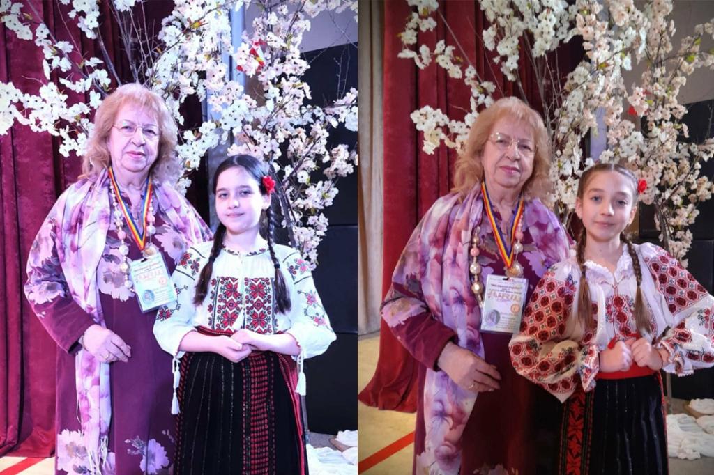 Ofelia Hărănguș și două fete din Grupul „Florile Prahovei” Câmpina, prezente la Chișinău la Festivalul „Mărțișorul copiilor”